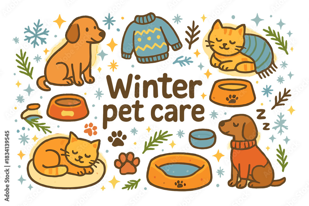 Obraz premium Cozy Winter Pet Care. Winter pet care. Hand-drawn doodle illustration of Winter pet care. dogs, cats, cozy