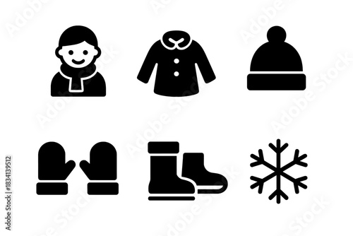 Winter Fun Icons. Winter fun for kids. Filled icon set of Winter fun for kids: child, coat, hat, scarf,