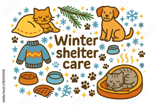 Winter Pet Sanctuary. Winter shelter care. Hand-drawn doodle illustration of Winter shelter care. dogs, cats,