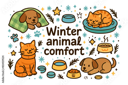Cozy Winter Animals. Winter animal comfort. Hand-drawn doodle illustration of Winter animal comfort. dogs,