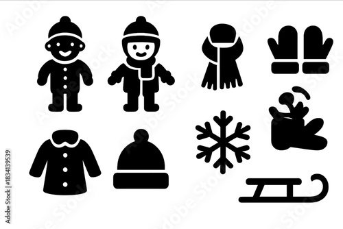 Winter Gear Icons. Children in winter gear. Filled icon set of Children in winter gear: child, coat, hat,