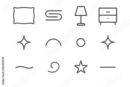 Bedroom Icon Set. Bedroom details. Line outline icon set of Bedroom details: pillow, blanket folds, lamp