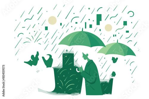 City Umbrellas in Rain. Evening rain capture. Photographer frames umbrellas under city lights, tiny spark arcs