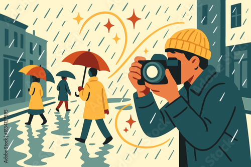 Rainy Street Dynamics. Urban umbrella photography. Photographer captures rainy street scene with umbrellas,