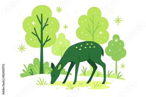 Frosty Woodland Deer. Winter woodland deer. Deer grazing near frosted forest floor, snowflakes drifting gently