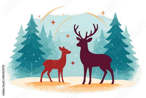 Winter Forest Serenity. Snow-covered clearing. Deer silhouettes in frosty forest, tiny spark icons and light