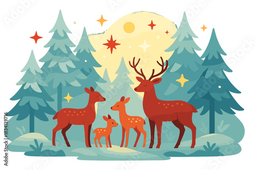 Ethereal Winter Woodland. Peaceful winter woodland. Deer family standing quietly among frost-covered pines,
