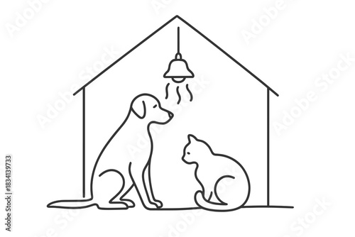 Minimalist Animal Shelter. Winter care for animals. Minimalistic one-line drawing dog and cat near warm lamp