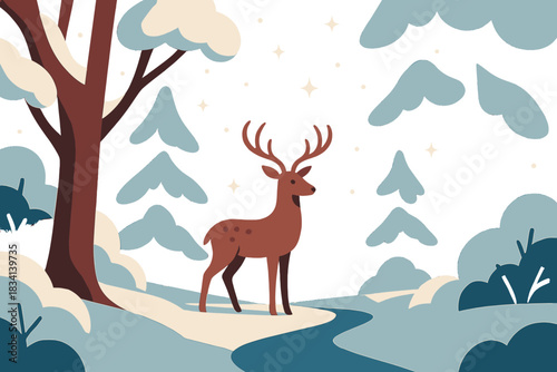 Winter Forest Serenity. Evening forest walk. Deer framed by snow-laden trees under dim winter light, tiny