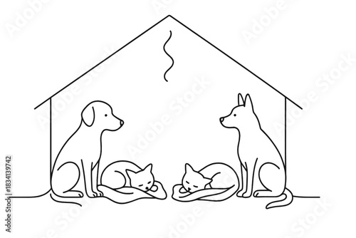 Cozy Pet Shelter. Animal care winter. Minimalistic one-line drawing cats and dogs inside heated shelter with