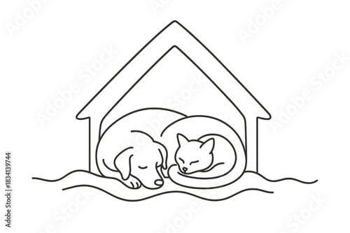 Winter Shelter Companions. Safe winter haven. Minimalistic one-line drawing dog and cat curled on blankets
