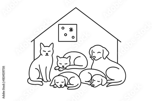 Minimalist Pet Shelter Scene. Cozy indoor animal care. Minimalistic one-line drawing cats and dogs resting