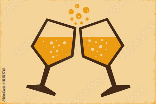 Vintage Toast Glasses. Golden toast minimalist flat illustration of two angular glasses with glowing bubbles,