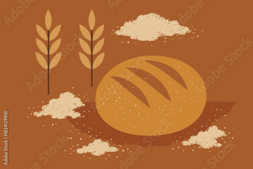 Rustic Baking Scene. Rustic home baking minimalist flat illustration of geometric bread, wheat stalks, and