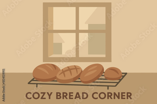 Cozy Bread Corner. Cozy bread corner minimalist flat illustration of geometric loaves cooling near a window