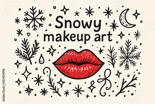 Snowy Makeup Artistry. Snowy makeup art. Hand-drawn doodle illustration of Snowy makeup art. Central doodle
