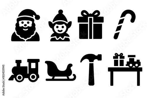 Holiday Crafting Icons. Holiday crafting scene. Filled icon set of Holiday crafting scene: Santa, elf, gift
