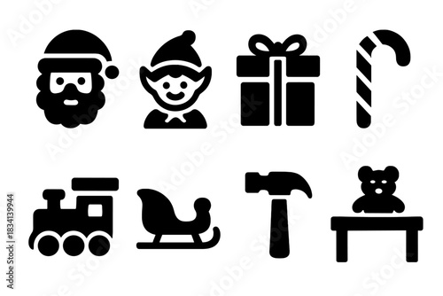 Toy Making Icons. Toy making scene. Filled icon set of Toy making scene: Santa, elf, gift box, candy cane, toy