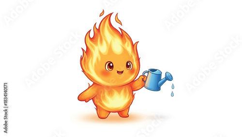 Adorable Fire Element with Watering Can: A whimsical fire element stands, holding a watering can. This illustration brings to life the element with playful charm and unexpected contrast.