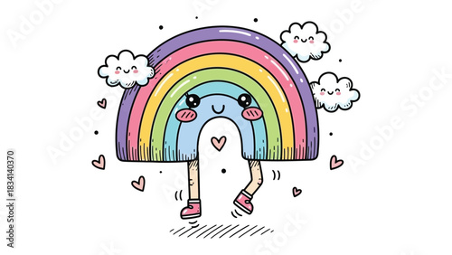 Colorful Cartoon Rainbow: An adorable cartoon rainbow, radiating positivity, complete with charming expressions and delightful heart accents. A whimsical illustration of joy and happiness.