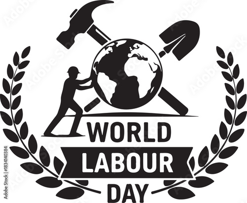 World Labour Day emblem with globe, tools, worker and laurel wreath logo