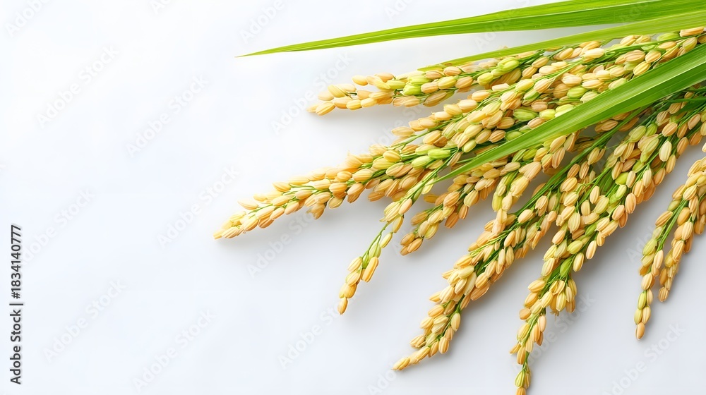 Naklejka premium Freshly harvested rice stalks showcasing mature golden grains and vibrant green leaves arranged elegantly on a plain white backdrop symbolizing agriculture and nourishment