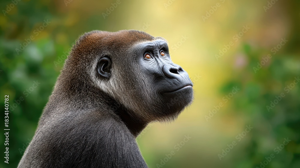 Naklejka premium A close-up of a gorilla's profile, showcasing its expressive face and strong features against a blurred natural background.
