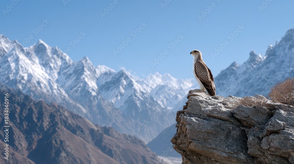 Fototapeta premium A majestic eagle perched on a rocky ledge, overlooking snow-capped mountains under a clear blue sky.
