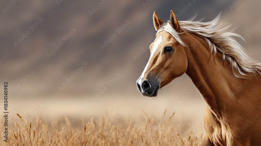 Obraz premium A majestic horse gallops through golden grass, with a blurred background of rolling hills, capturing the essence of freedom and nature's beauty.