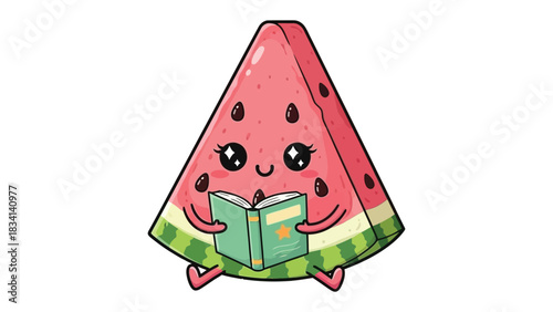 Melon's Literary Delight: An adorable cartoon watermelon slice is absorbed in a good book, its vibrant colors and playful design captivating and enchanting.