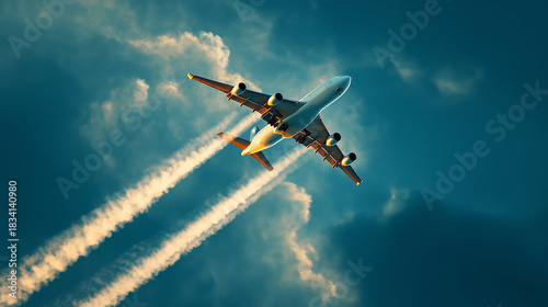 contrail. Airplane ascending into the sky at sunset with white contrails and motion blur effect. inspiring travel planning, mobility guides, designed for mobility and urban transit guides.