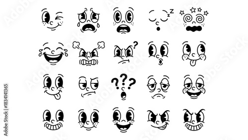 Cartoon Facial Expression Grid Featuring Unique Black-and-White Emotions – Including Happiness, Anger, Surprise, and Confusion for Visual Themes in Psychology, Animation, Communication
