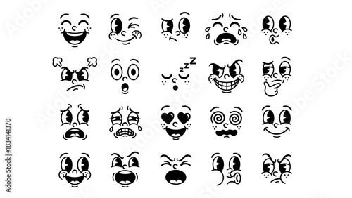 Cartoon Facial Expression Grid Featuring Unique Black-and-White Emotions – Including Happiness, Anger, Surprise, and Confusion for Visual Themes in Psychology, Animation, Communication