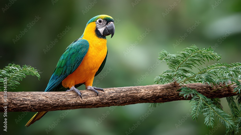 Obraz premium A vibrant parrot with blue and green feathers perched on a branch, surrounded by lush greenery, showcasing its colorful plumage.