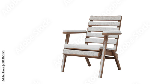 An outdoor wooden slatted chair, covered in fresh snow, evoking a serene winter scene with a clean, cut-out style. background removed