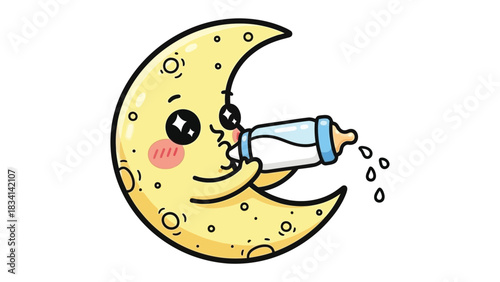 Lunar Nurturing: A whimsical depiction of a gentle crescent moon, tenderly feeding from a baby bottle, representing the care and affection of nighttime. 