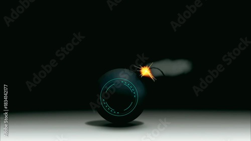 A dark, spherical bomb with a glowing blue circuit pattern and a lit fuse emitting sparks and smoke on a dark background.