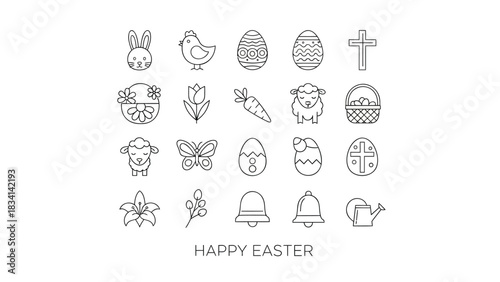 Collection of simple line art icons celebrating easter with bunny eggs chick lamb cross and flowers