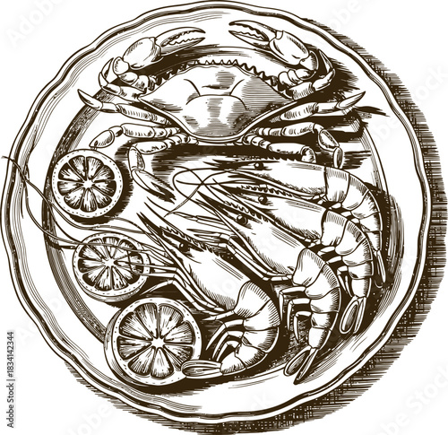 Vintage engraving woodcut seafood vector illustration art design