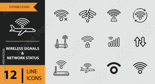 12 Wireless Signals and Network Status Icons outline icon set Wireless Signal Network Status Outline Icons Pack