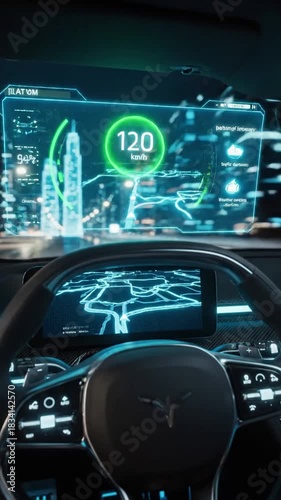 Glowing AI interface integration with Car HUD reveal. Automotive AI effect green screen style featuring ai hud, autonomous driving,