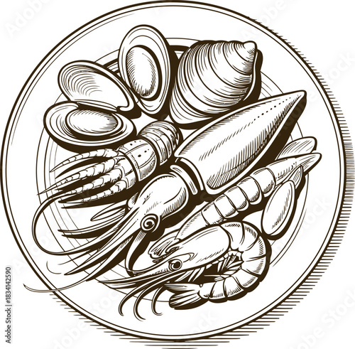 Vintage engraving woodcut seafood vector illustration art design
