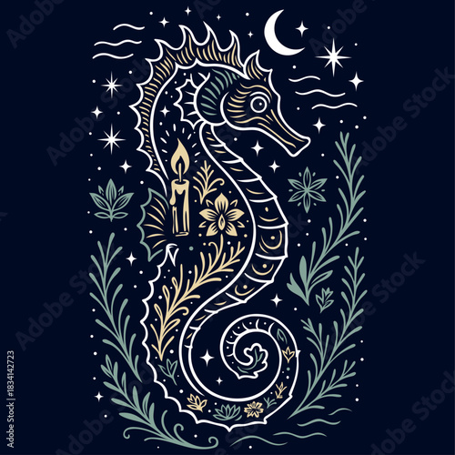 Mystisches Seepferdchen mit Kerze und Mond - Ornamentales Vektor Motiv