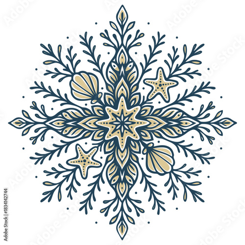 Maritime Schneeflocke mit Muscheln und Seesternen - Vektor Ornament