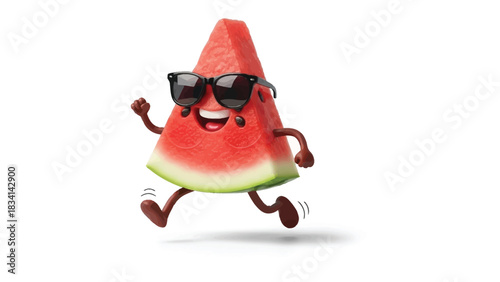 Watermelon Fun: An amusing watermelon character with sunglasses is joyfully running, personifying the lighthearted essence of summer, filled with cheerful vibes.