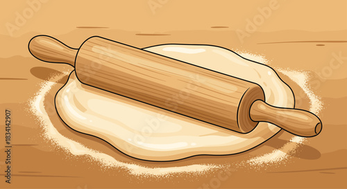 Wooden rolling pin resting on a sheet of dough sprinkled with flour on a wooden surface.