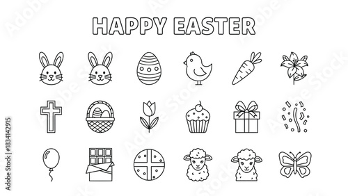 Happy easter collection of simple line art icons and symbols for holiday celebration