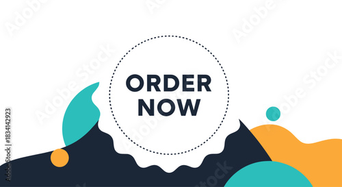 A graphic design featuring the words order now in a dotted circle with abstract colorful shapes.