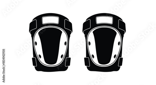 Black and white illustration of a pair of knee pads with straps and protective padding.