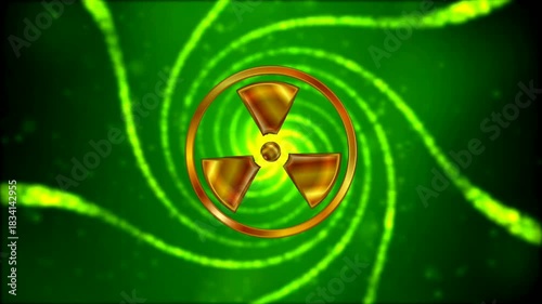 A golden radioactive symbol at the center of a vibrant green swirling energy field, depicting nuclear power or radiation.